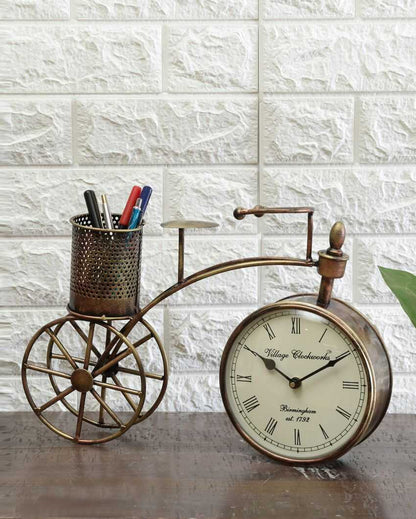 Cycle Design Metal Table Clock attached Pen Stand | 12 x 5 x 10 inches