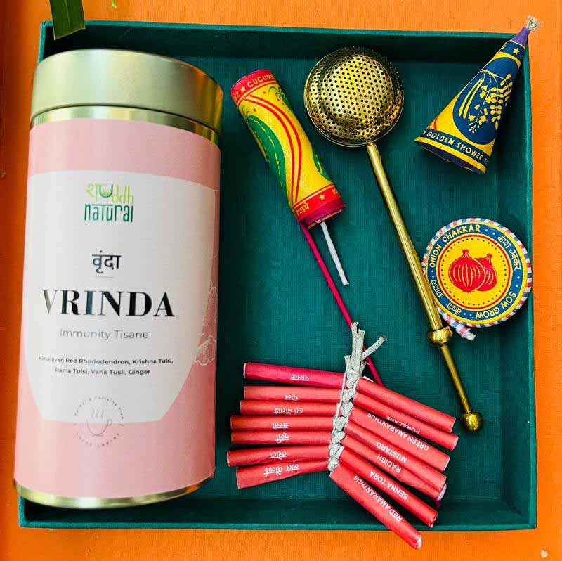 Royal Brass Strainer | Tea &  Plantable Seeds Patakha Diwali Gift Hamper | Pack of 4 Default Title