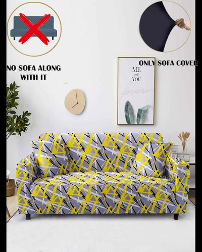 ONLY SOFA COVER | Yellow & Grey Abstract Print Three Seater Polyester Sofa Cover | 77 x 91 inches