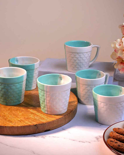 Soothing Light Blue & White Ceramic Tea Cups | 3 x 3 inches | 150ml