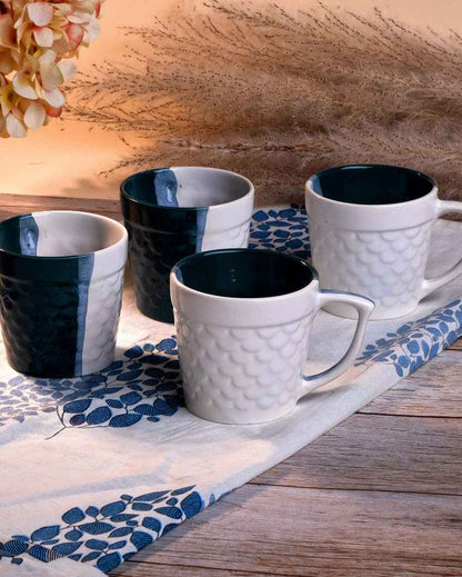 Bold Dark Green & White Ceramic Tea Cups | 3 x 3 inches | 150ml