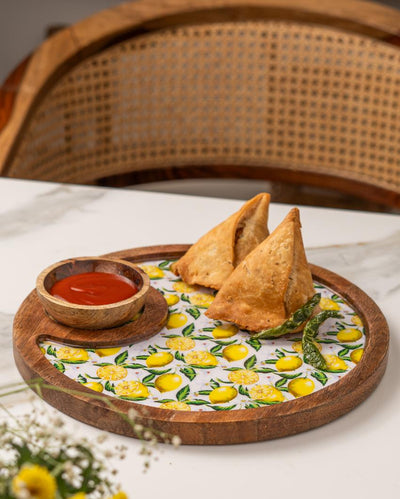 Lemon Wooden Round Serving Platter with Sauce Bowl | 10 inches