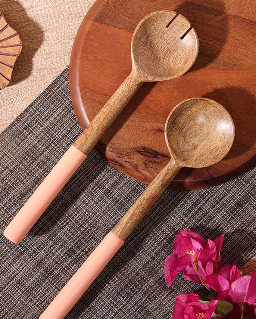 Grainy Gourmet Wooden Brown Spoon and Fork Serving Utensil Combo | Pack of 2