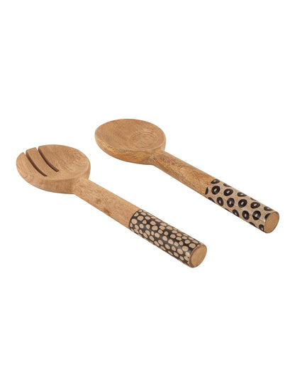 Dotted Delights Wooden Brown Spoon and Fork Serving Utensil Combo | Pack of 2