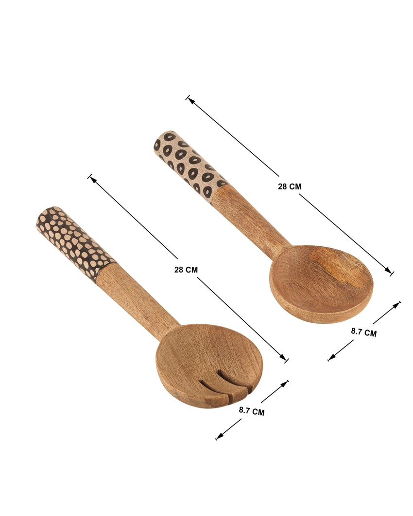 Dotted Delights Wooden Brown Spoon and Fork Serving Utensil Combo | Pack of 2