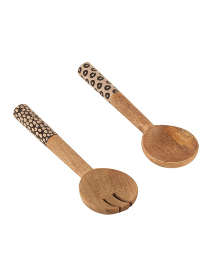 Dotted Delights Wooden Brown Spoon and Fork Serving Utensil Combo | Pack of 2