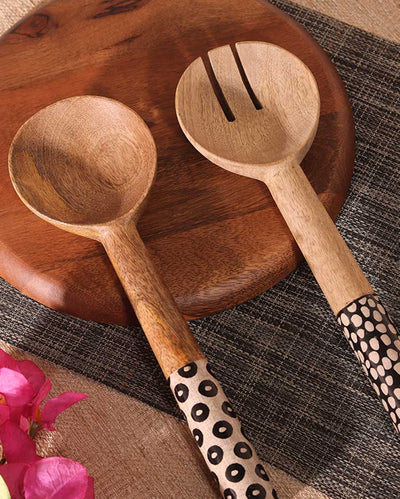 Dotted Delights Wooden Brown Spoon and Fork Serving Utensil Combo | Pack of 2