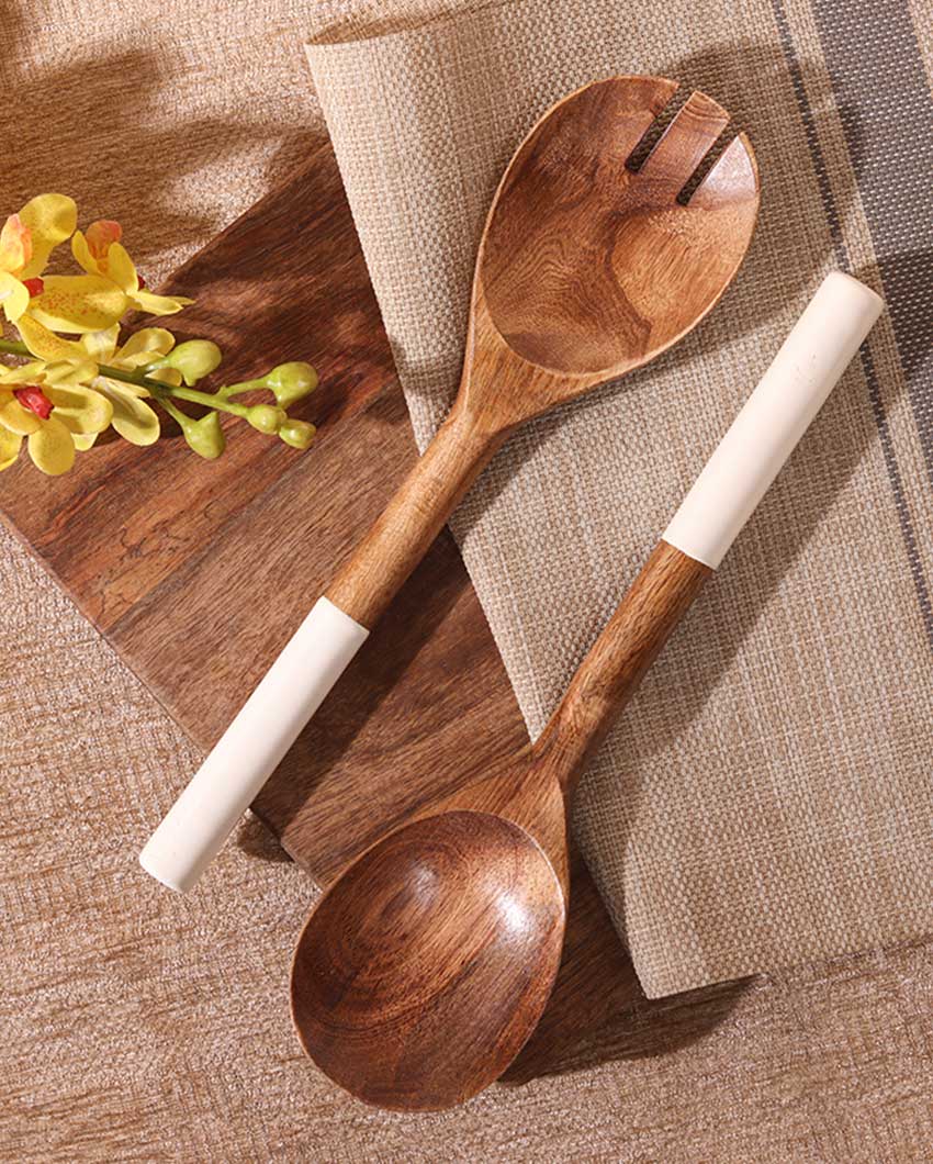 Rustic Luxe Wooden Brown Spoon and Fork Serving Utensil Combo | Pack of 2