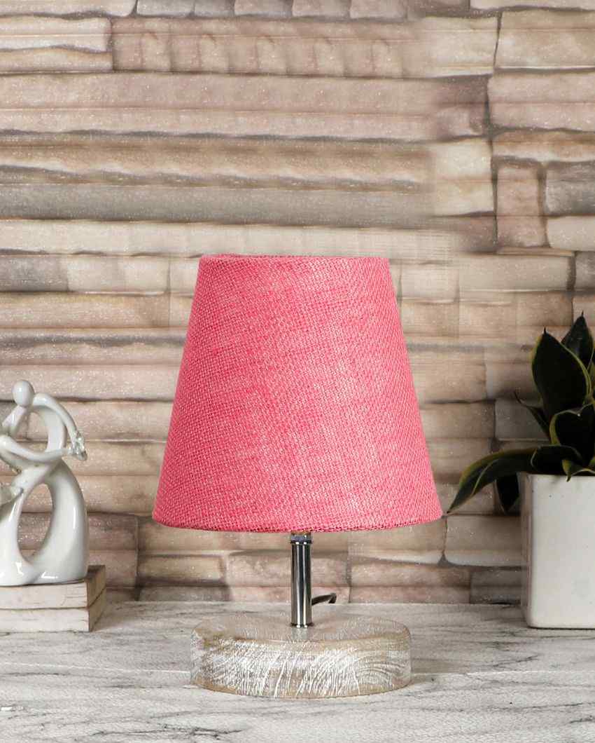 Antique Jute Round White Brushed Wood Table Lamp Pink