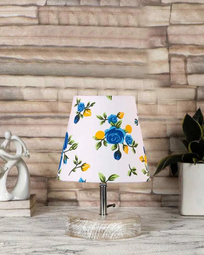 Blossoming Print Cotton Round White Brushed Wood Table Lamp