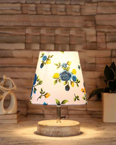 Blossoming Print Cotton Round White Brushed Wood Table Lamp