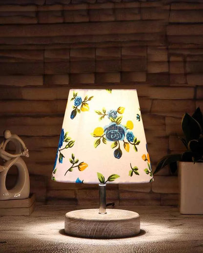 Blossoming Print Cotton Round White Brushed Wood Table Lamp