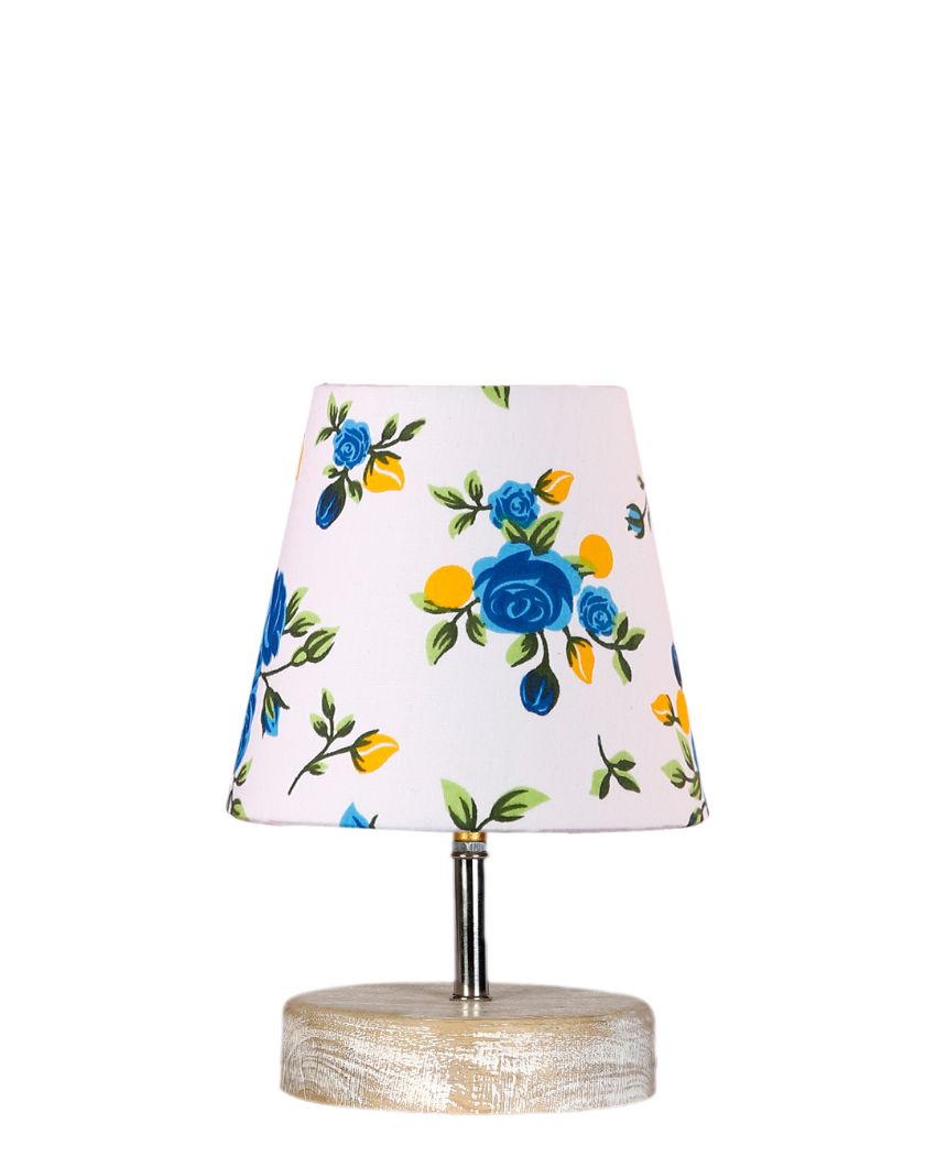 Blossoming Print Cotton Round White Brushed Wood Table Lamp