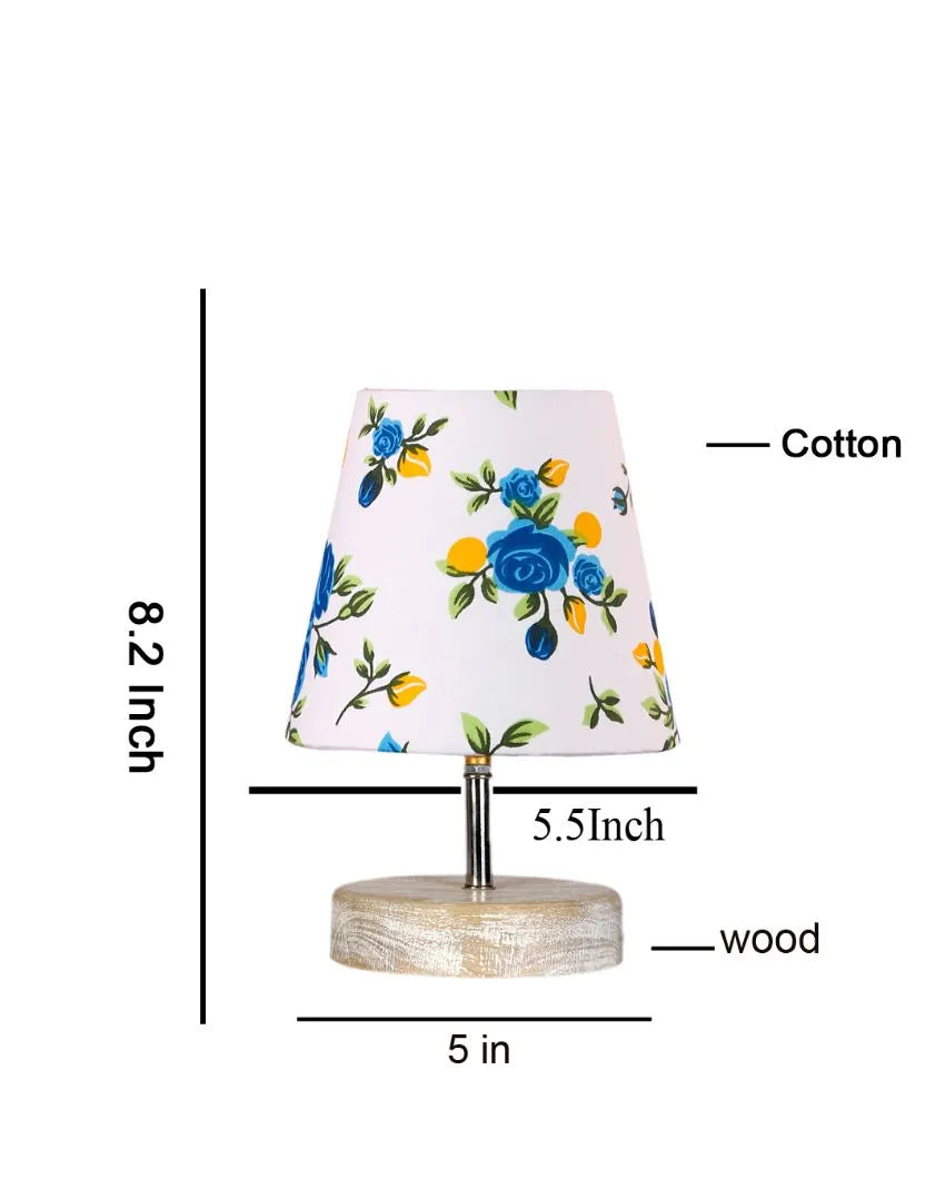 Blossoming Print Cotton Round White Brushed Wood Table Lamp