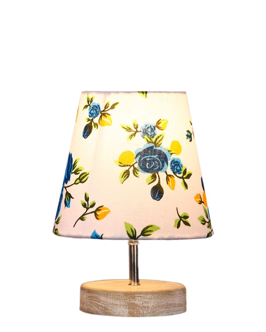 Blossoming Print Cotton Round White Brushed Wood Table Lamp