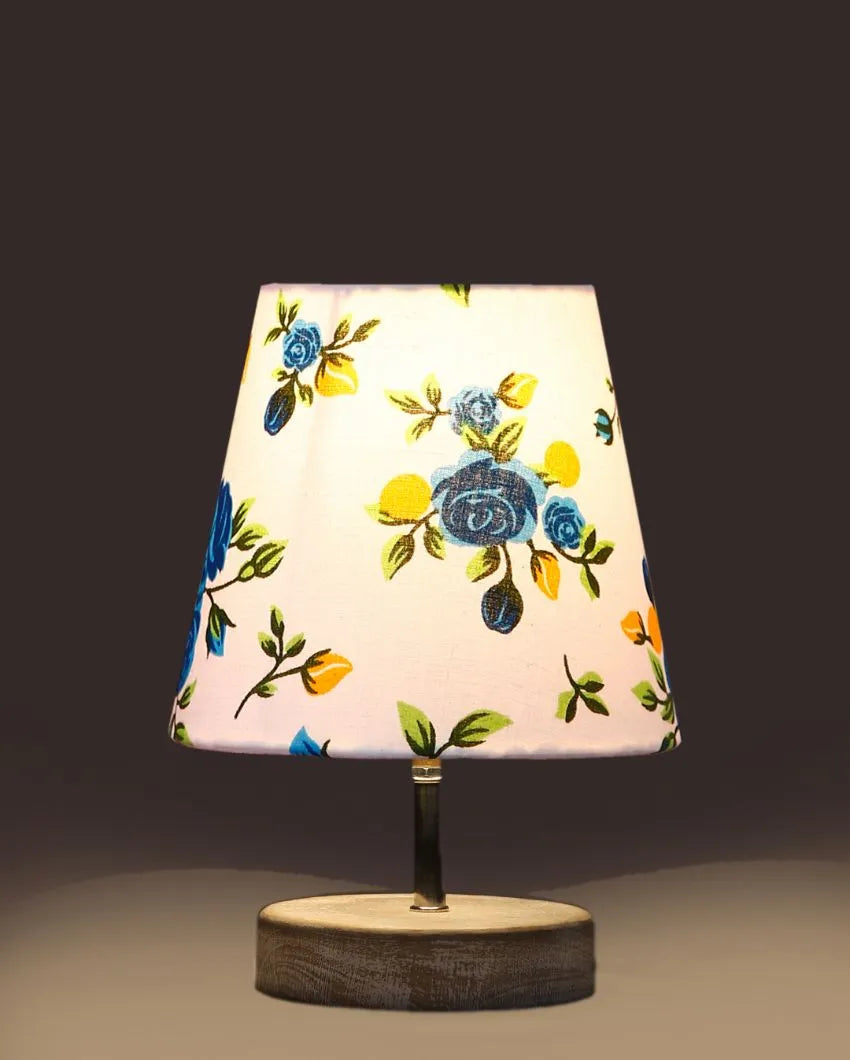 Blossoming Print Cotton Round White Brushed Wood Table Lamp