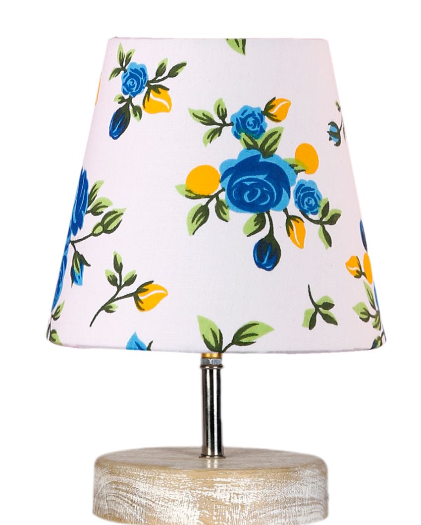 Blossoming Print Cotton Round White Brushed Wood Table Lamp