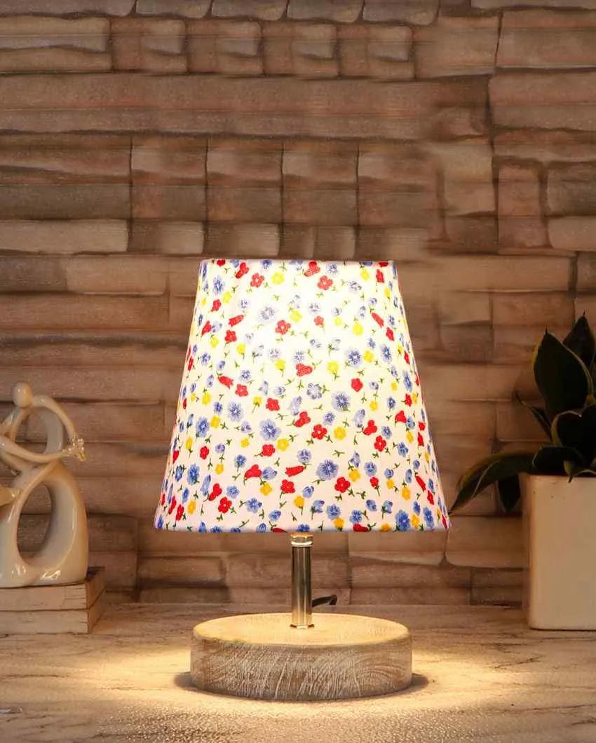 Colorful Botanic Cotton Round White Brushed Wood Table Lamp - Dusaan