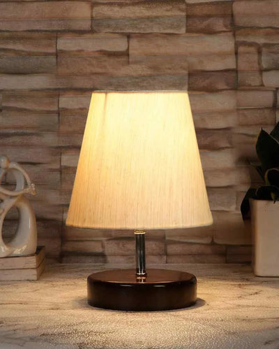 Classica Cotton Round Brown Wood Table Lamp Off-White