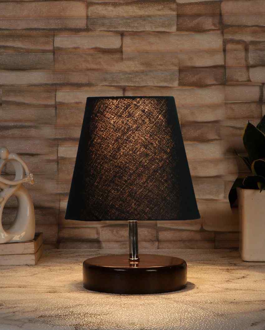 Classica Cotton Round Brown Wood Table Lamp Black