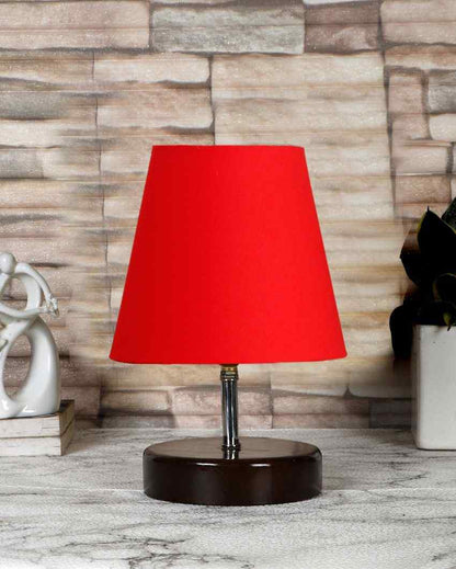 Classica Cotton Round Brown Wood Table Lamp Red