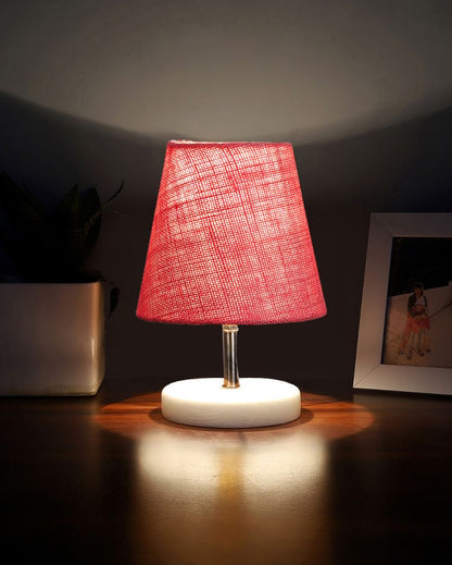 Jute Round Wooden White Base Table Lamp Pink