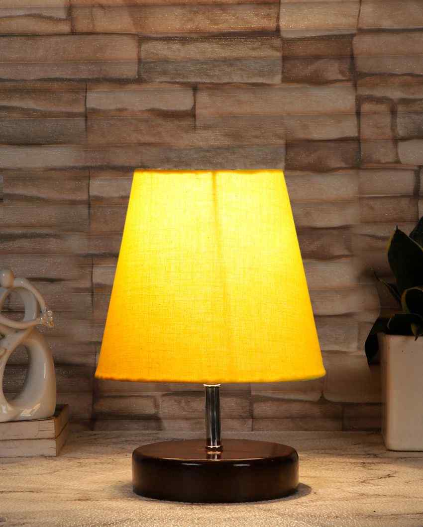 Classica Cotton Round Brown Wood Table Lamp Yellow
