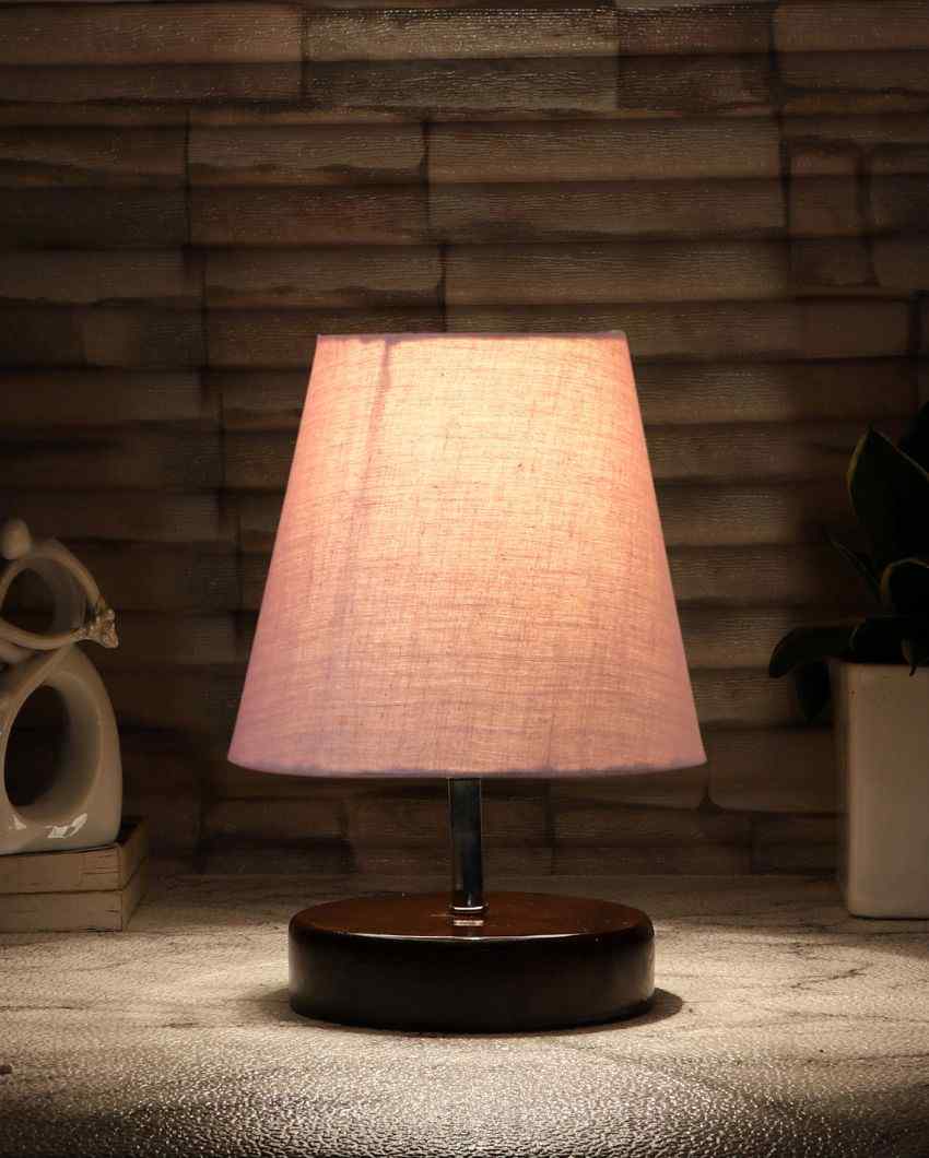Classica Cotton Round Brown Wood Table Lamp Grey