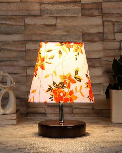 Colorful Floreale Cotton Round Brown Wood Table Lamp - Dusaan