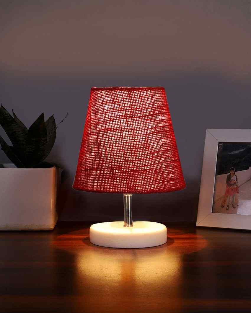 Jute Round Wooden White Base Table Lamp Maroon