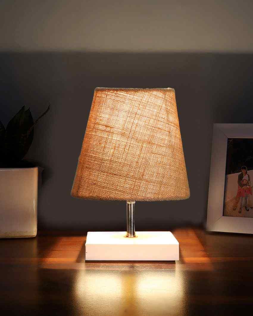 Traditional Jute Square White Wood Table Lamp Beige