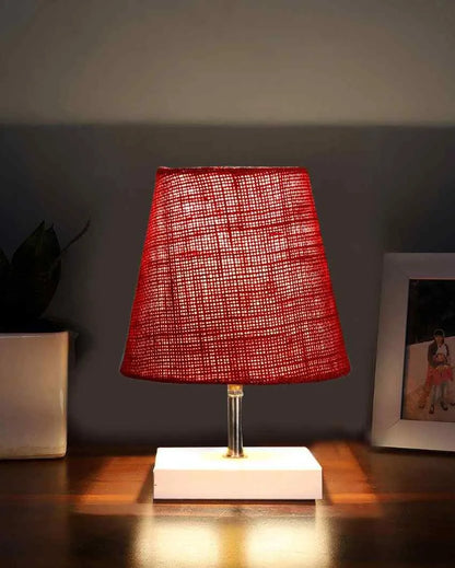 Traditional Jute Square White Wood Table Lamp Maroon