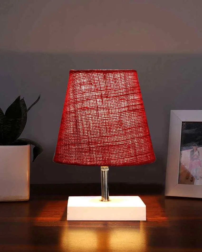 Traditional Jute Square White Wood Table Lamp Maroon