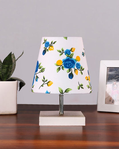 Majestic Multicolor Cotton Square White Wood Table Lamp