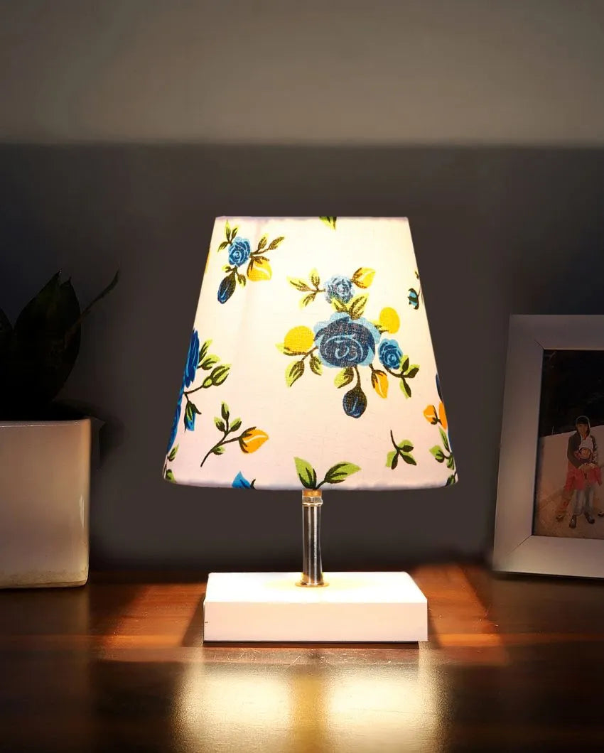 Majestic Multicolor Cotton Square White Wood Table Lamp