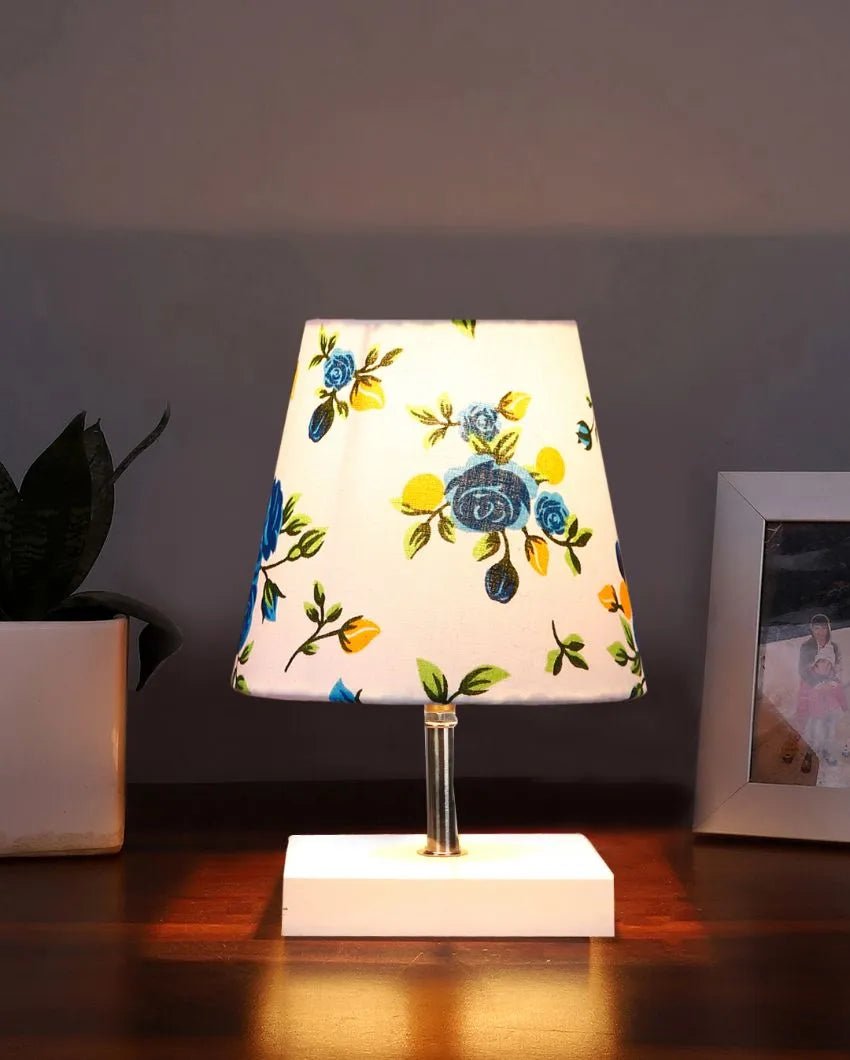 Majestic Multicolor Cotton Square White Wood Table Lamp