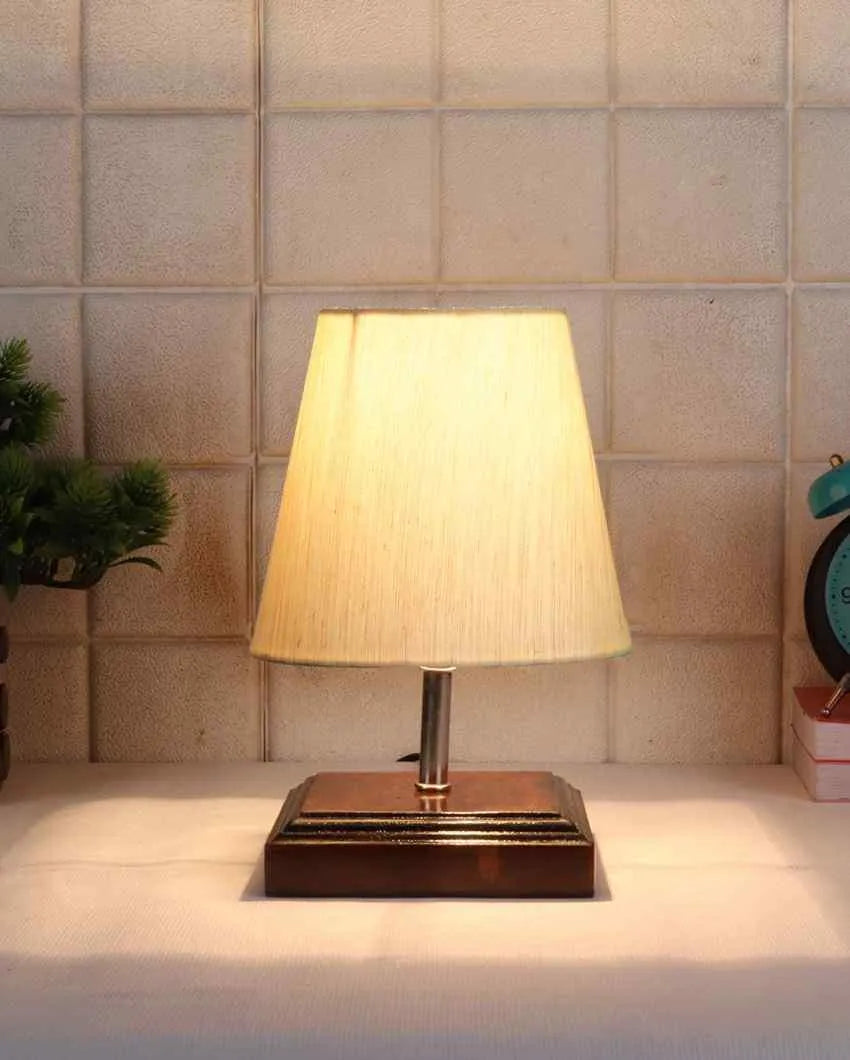 Sophisticated Cotton Square Brown Shaded Wood Table Lamp - Dusaan