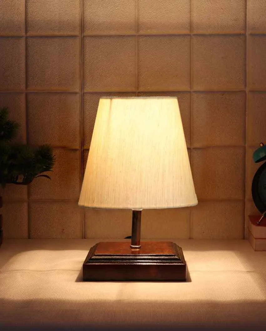 Sophisticated Cotton Square Brown Shaded Wood Table Lamp - Dusaan