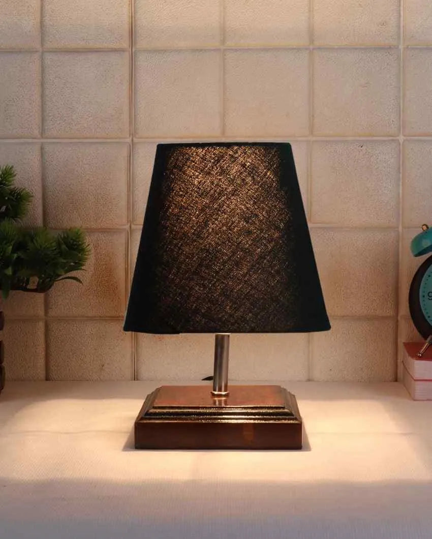 Sophisticated Cotton Square Brown Shaded Wood Table Lamp - Dusaan