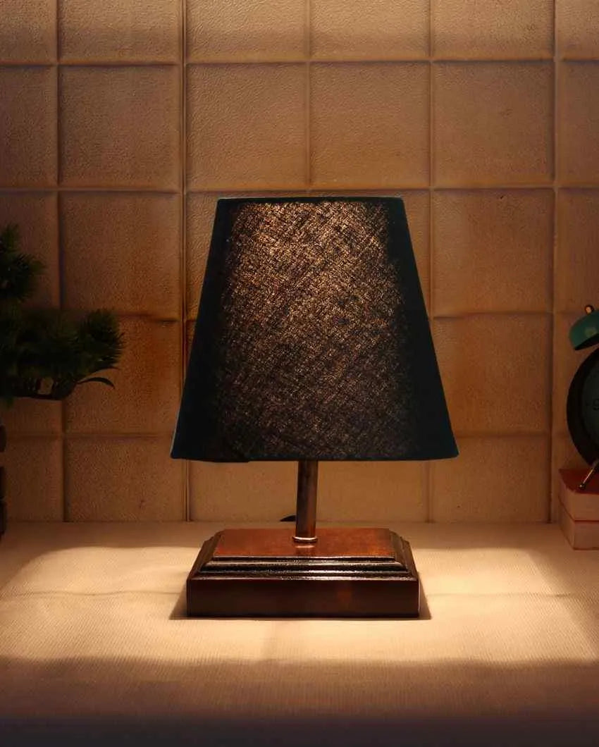 Sophisticated Cotton Square Brown Shaded Wood Table Lamp - Dusaan