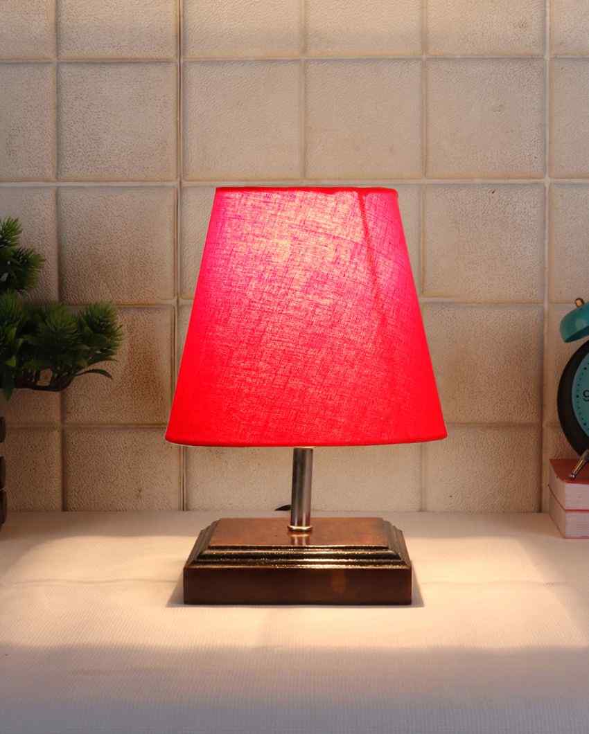 Sophisticated Cotton Square Brown Wood Table Lamp Red