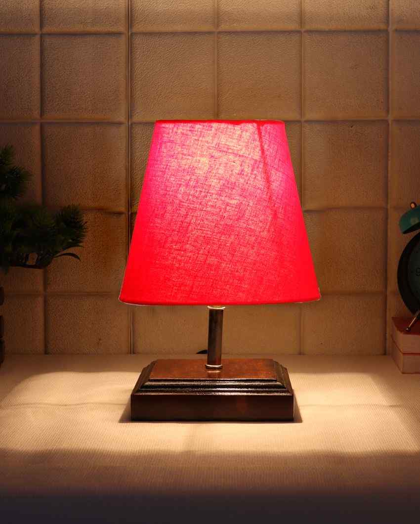 Sophisticated Cotton Square Brown Wood Table Lamp Red