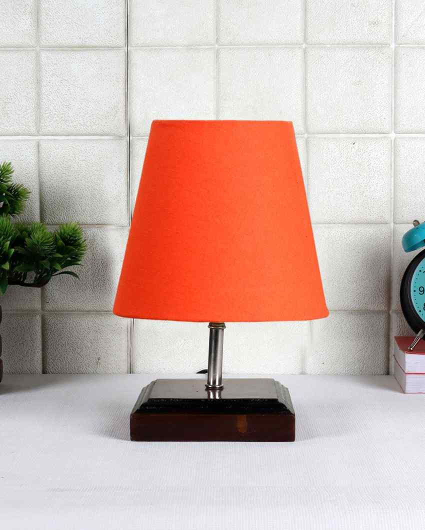 Sophisticated Cotton Square Brown Wood Table Lamp Orange