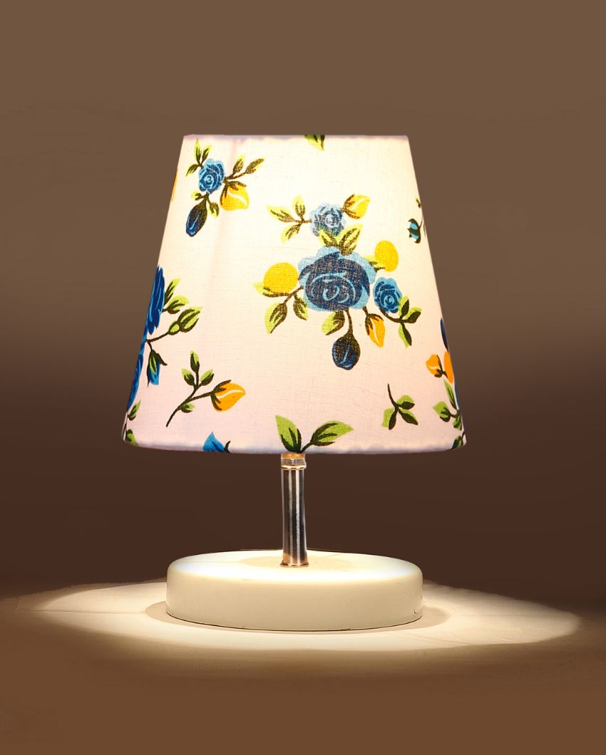 Multicolor Cotton Round Wooden White Base Table Lamp