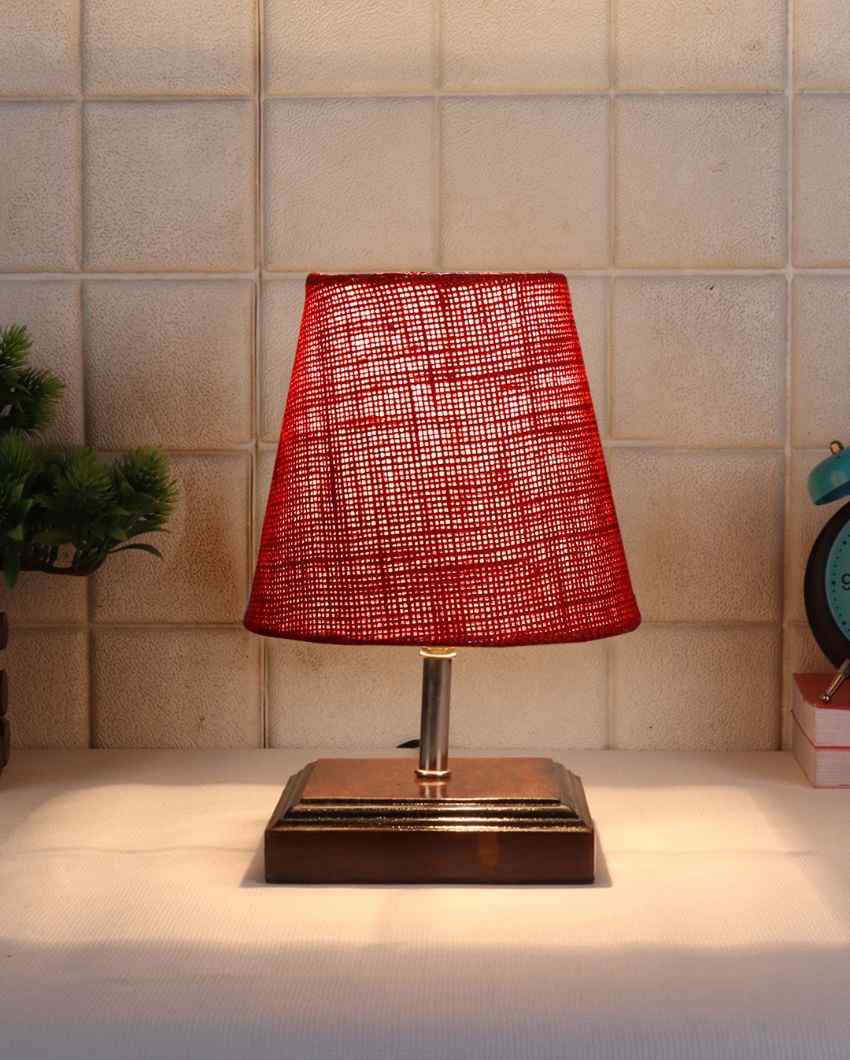 Lovely Jute Square Brown Wood Table Lamp Maroon
