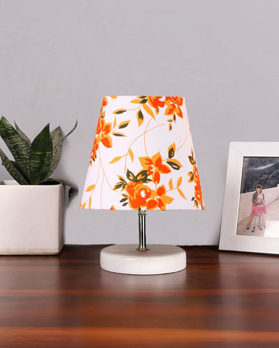 Floral Multicolor Cotton Round Wooden White Base Table Lamp