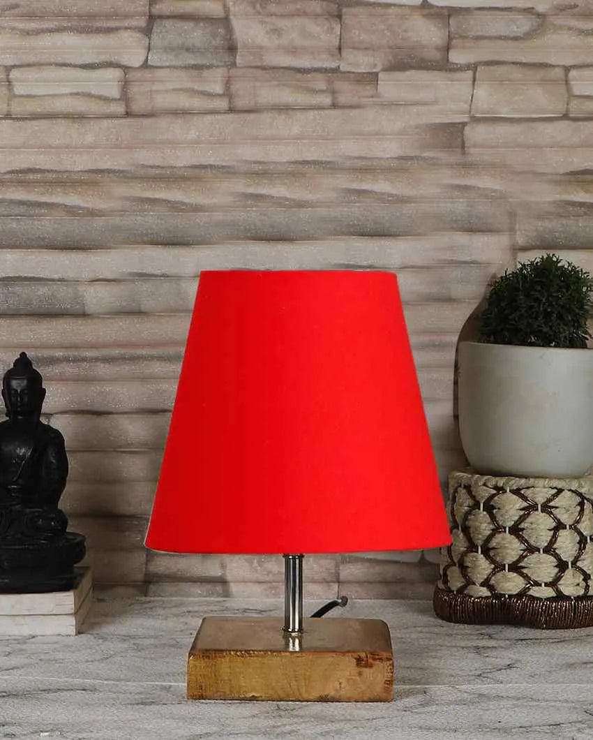 Graceful Cotton Square Natural Wood Table Lamp Red