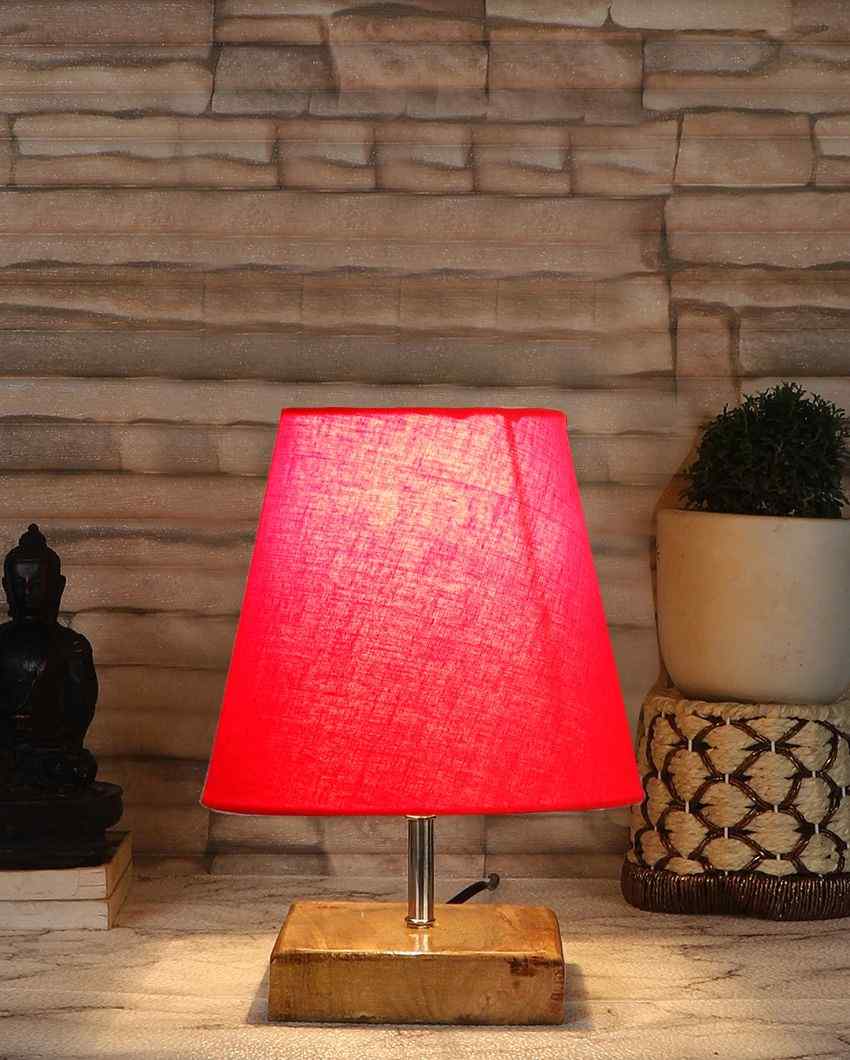 Graceful Cotton Square Natural Wood Table Lamp Red