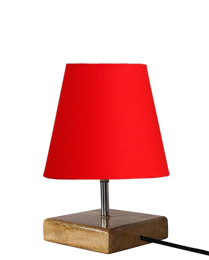 Graceful Cotton Square Natural Wood Table Lamp Red