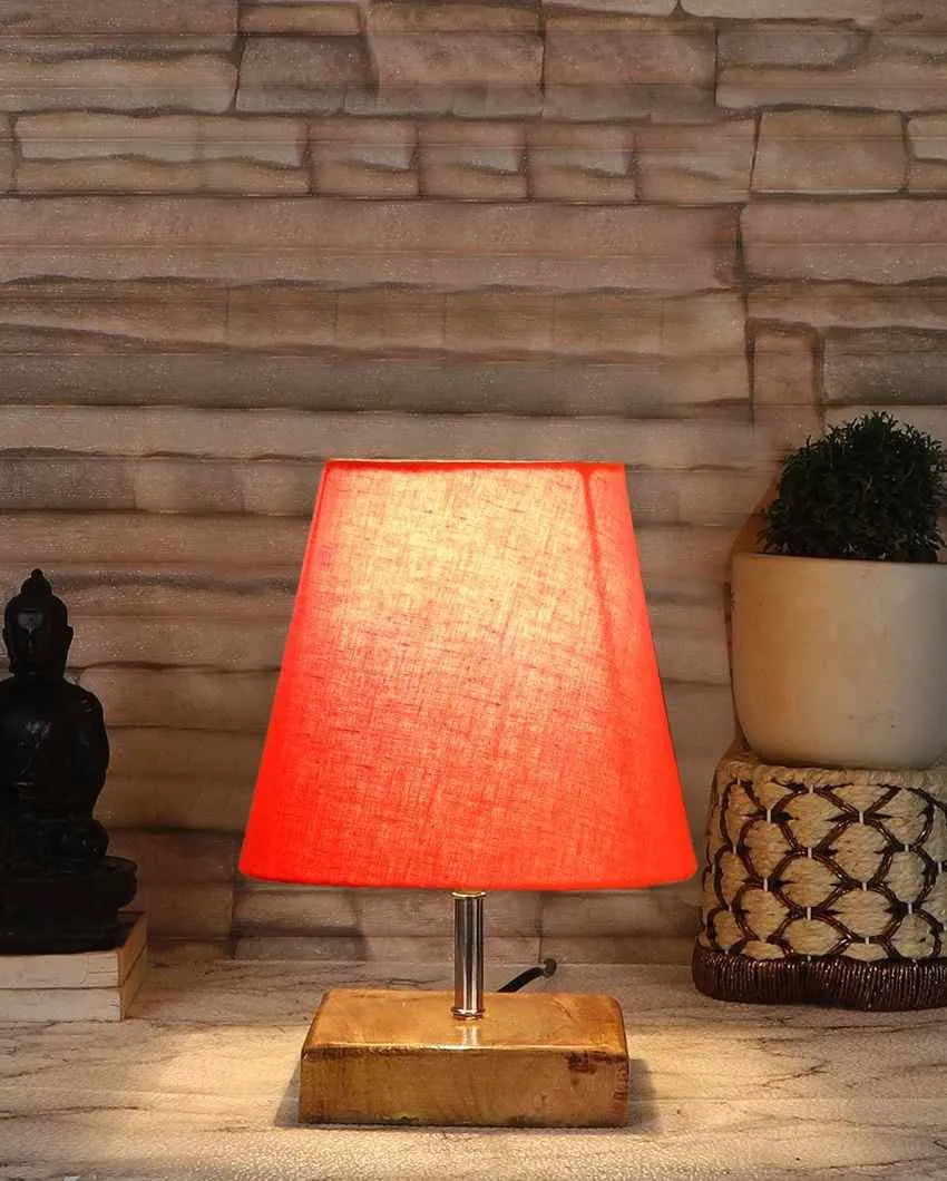 Graceful Cotton Square Natural Wood Table Lamp Orange